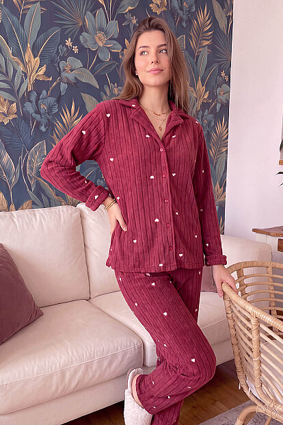 Bordo Kalp Desenli Önden Düğmeli Peluş Polar Pijama Takımı - 6