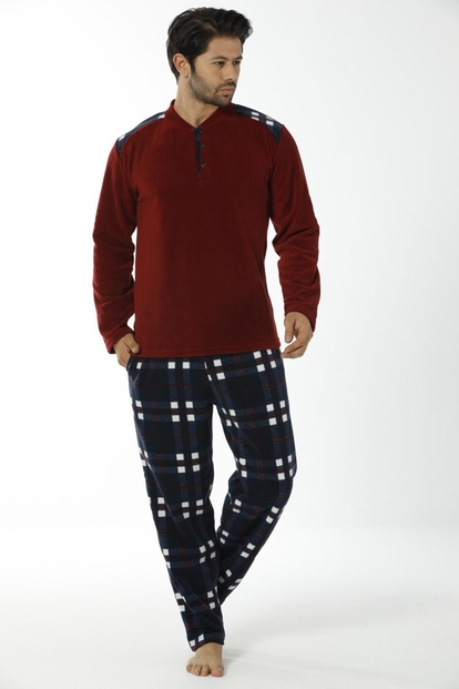 Bordo Kareli Erkek Erkek Polar Pijama Takımı - 1