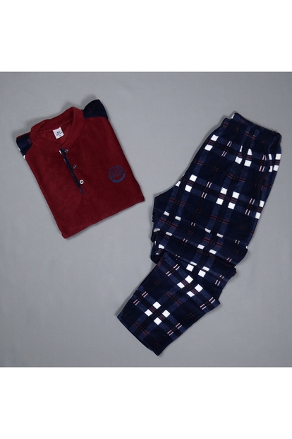 Bordo Kareli Erkek Erkek Polar Pijama Takımı - 2