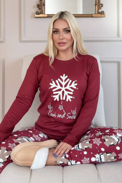 Bordo Kartanesi Desenli Termal Kadın Pijama Takımı 