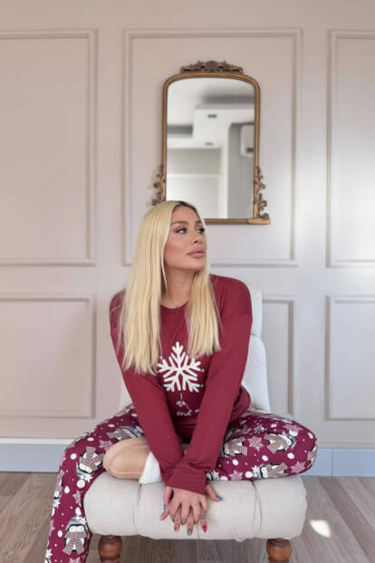 Bordo Kartanesi Desenli Termal Kadın Pijama Takımı - 2