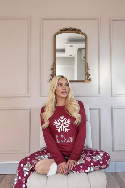 Bordo Kartanesi Desenli Termal Kadın Pijama Takımı - 3