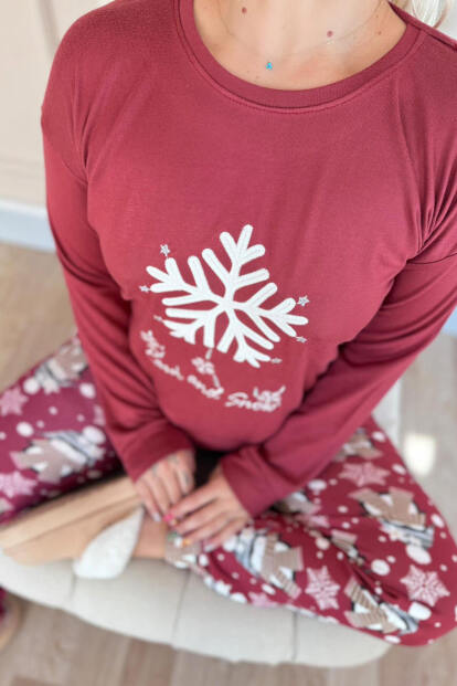 Bordo Kartanesi Desenli Termal Kadın Pijama Takımı - 4