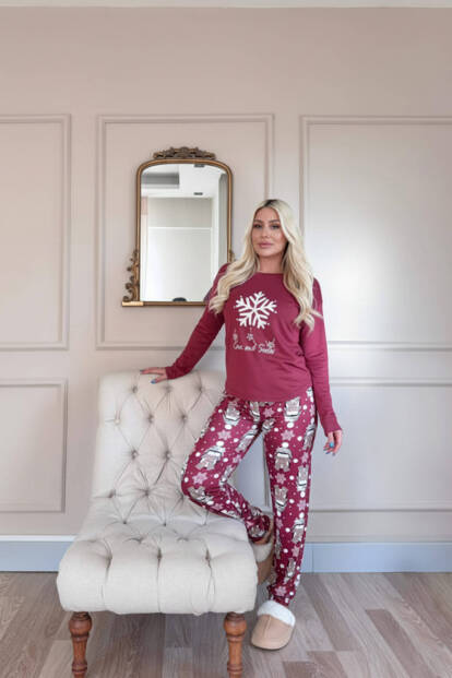 Bordo Kartanesi Desenli Termal Kadın Pijama Takımı - 5