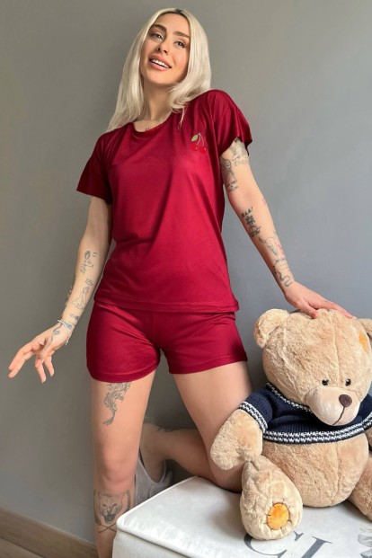 Bordo Kiraz Nakışlı Örme Şortlu Kadın Pijama Takımı - 1