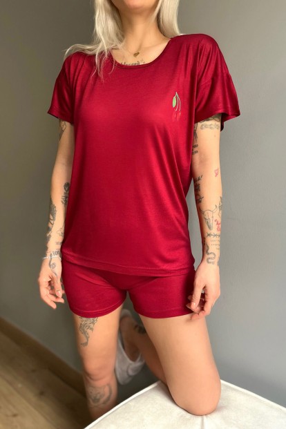 Bordo Kiraz Nakışlı Örme Şortlu Kadın Pijama Takımı - 3