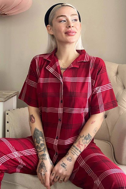 Bordo Lacivert Ekose Baskılı Önden Düğmeli Kısa Kollu Pijama - 1