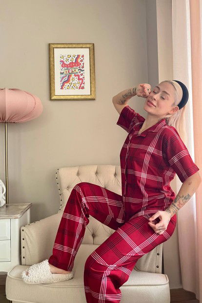 Bordo Lacivert Ekose Baskılı Önden Düğmeli Kısa Kollu Pijama - 2