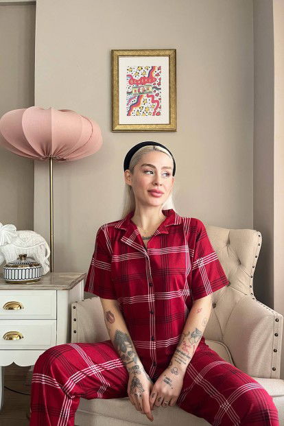 Bordo Lacivert Ekose Baskılı Önden Düğmeli Kısa Kollu Pijama - 3
