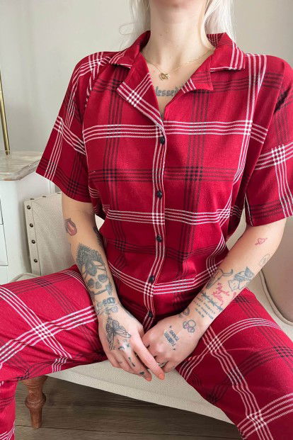 Bordo Lacivert Ekose Baskılı Önden Düğmeli Kısa Kollu Pijama - 4