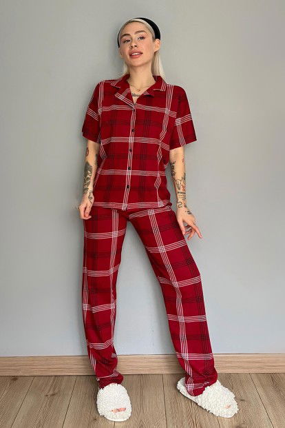 Bordo Lacivert Ekose Baskılı Önden Düğmeli Kısa Kollu Pijama - 5