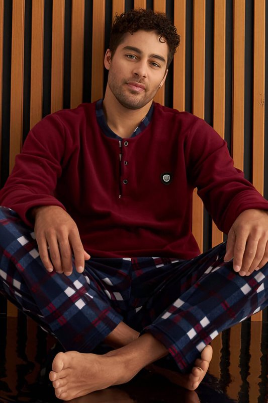 Bordo Lacivert Ekose Desenli Polar Erkek Pijama Takımı - Pijamaevi