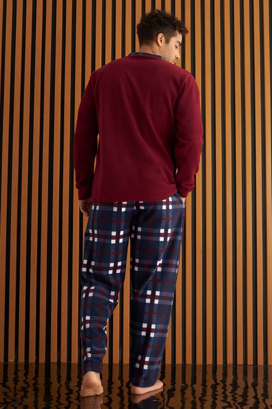 Bordo Lacivert Ekose Desenli Polar Erkek Pijama Takımı - Pijamaevi (2)