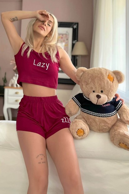 Bordo Lazy Baskılı Crop Örme İp Askı Şortlu Pijama Takımı - 1
