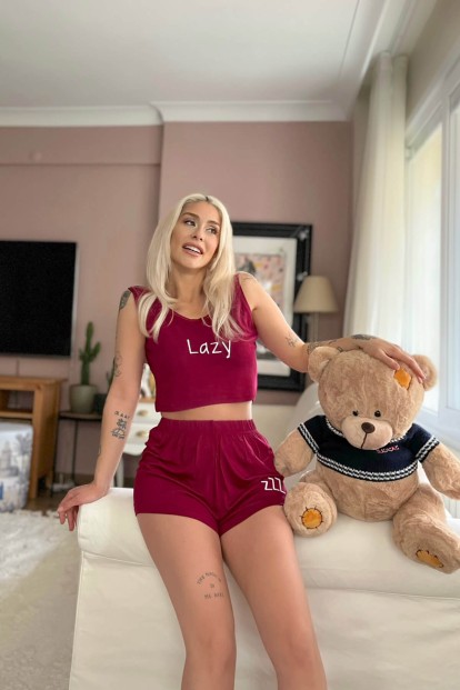 Bordo Lazy Baskılı Crop Örme İp Askı Şortlu Pijama Takımı - 2