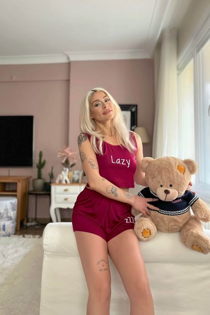 Bordo Lazy Baskılı Crop Örme İp Askı Şortlu Pijama Takımı - 3