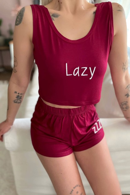 Bordo Lazy Baskılı Crop Örme İp Askı Şortlu Pijama Takımı - 4