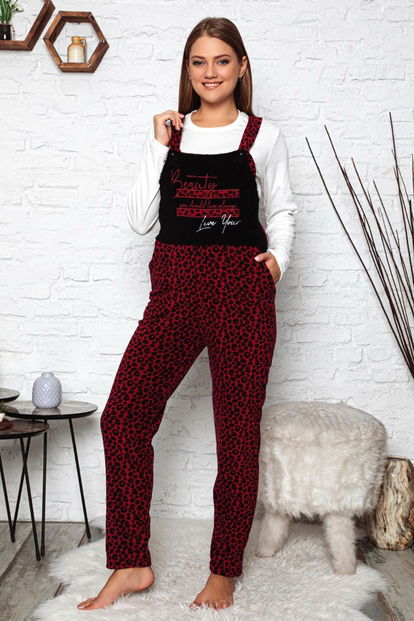 Bordo Leopar Desenli Kadın Polar Peluş Tulum Pijama Takımı - 1