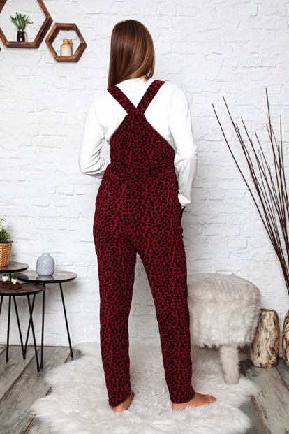 Bordo Leopar Desenli Kadın Polar Peluş Tulum Pijama Takımı - 2