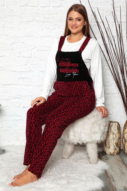 Bordo Leopar Desenli Kadın Polar Peluş Tulum Pijama Takımı - 3