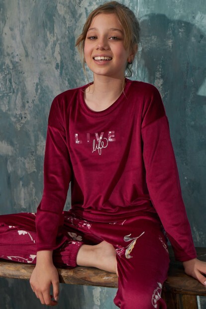 Bordo Life Desenli Exclusive Kadife Kız Çocuk Pijama Takımı  - 6