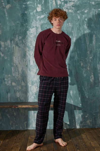 Bordo Limited Desenli Polar Erkek Pijama Takımı - 4