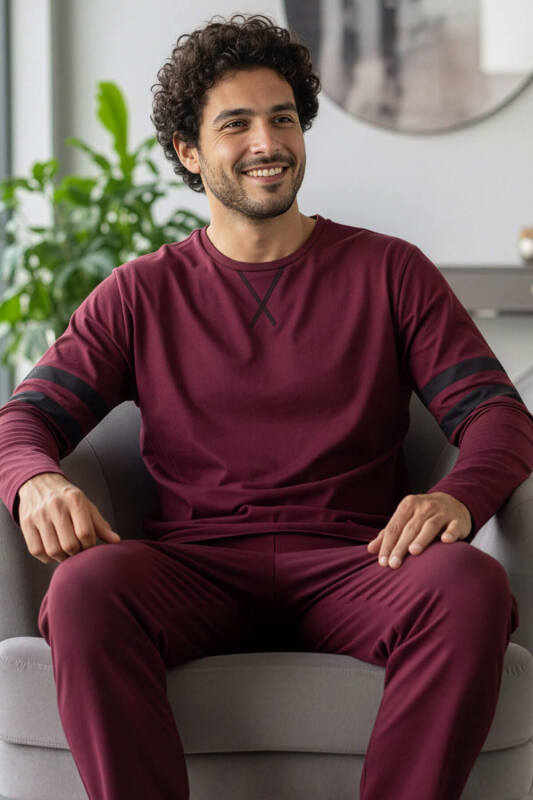Bordo Line Desenli Stylish Erkek Uzun Kol Pijama Takımı - Pijamaevi