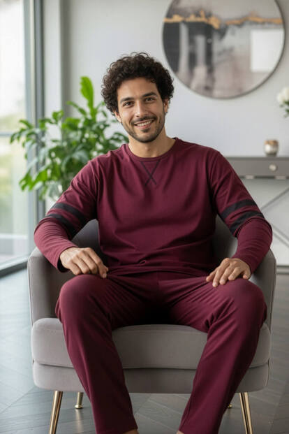 Bordo Line Desenli Stylish Erkek Uzun Kol Pijama Takımı - 2