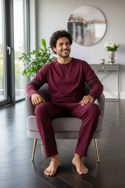 Bordo Line Desenli Stylish Erkek Uzun Kol Pijama Takımı - 3