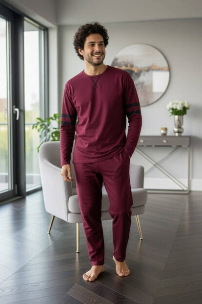 Bordo Line Desenli Stylish Erkek Uzun Kol Pijama Takımı - 4