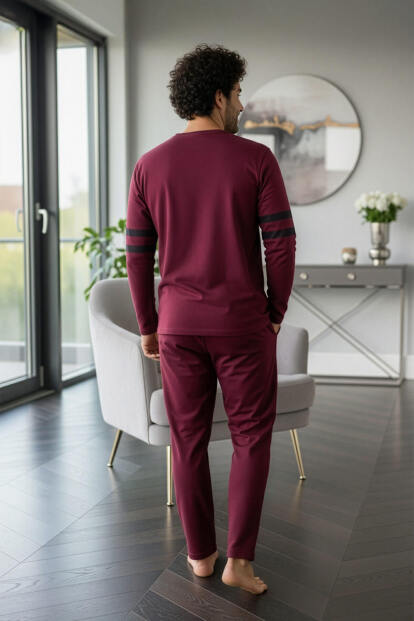 Bordo Line Desenli Stylish Erkek Uzun Kol Pijama Takımı - 5
