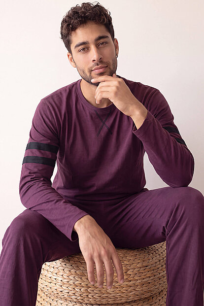 Bordo Line Desenli Stylish Erkek Uzun Kol Pijama Takımı - 1