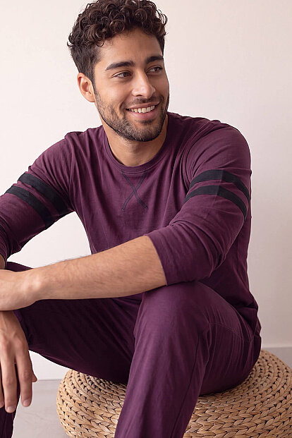 Bordo Line Desenli Stylish Erkek Uzun Kol Pijama Takımı - 2