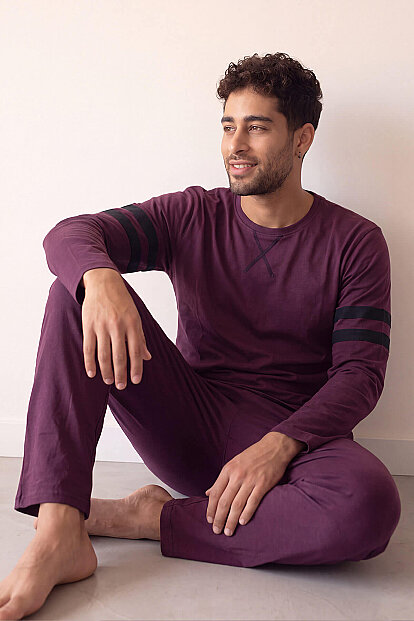 Bordo Line Desenli Stylish Erkek Uzun Kol Pijama Takımı - 4