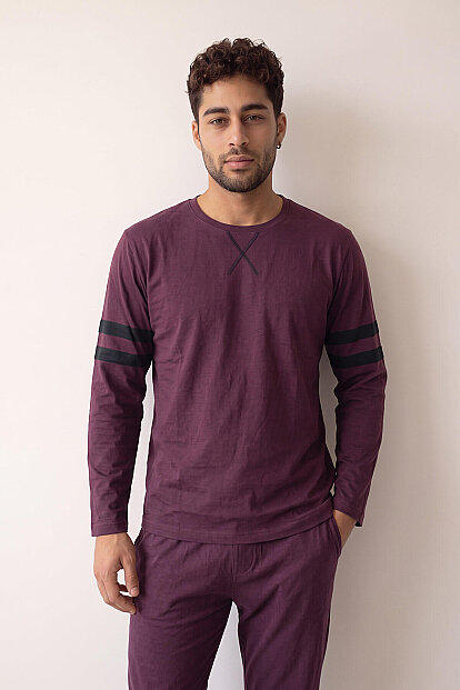Bordo Line Desenli Stylish Erkek Uzun Kol Pijama Takımı - 6