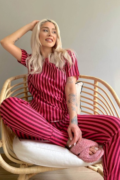 Bordo Linie Baskılı Kısa Kollu Kadın Pijama Takımı - 1