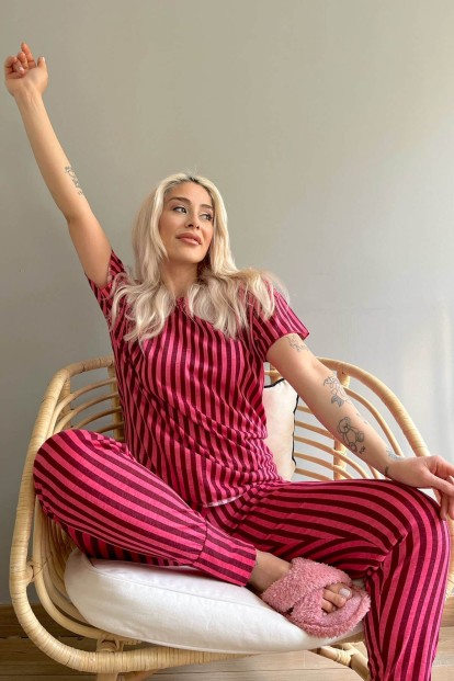 Bordo Linie Baskılı Kısa Kollu Kadın Pijama Takımı - 2