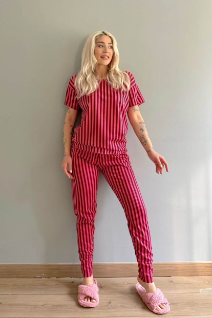 Bordo Linie Baskılı Kısa Kollu Kadın Pijama Takımı - 5