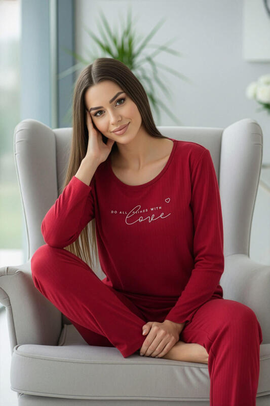 Bordo Love Desenli Uzun Kollu Dublin Örme Kadın Pijama Takımı - Pijamaevi (1)
