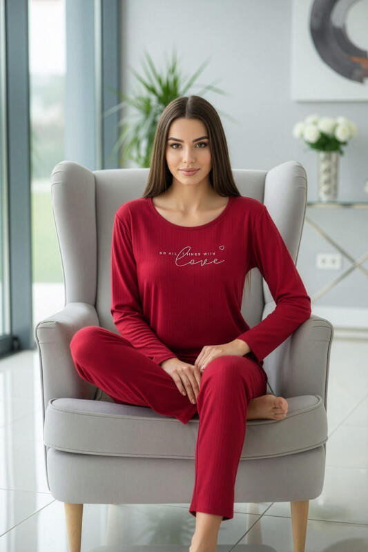 Bordo Love Desenli Uzun Kollu Dublin Örme Kadın Pijama Takımı - Pijamaevi (2)