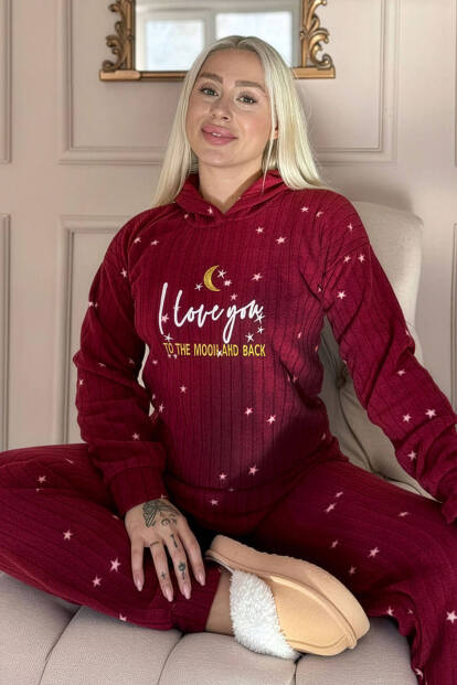Bordo Love Moon Desenli Kapşonlu Peluş Polar Pijama Takımı 