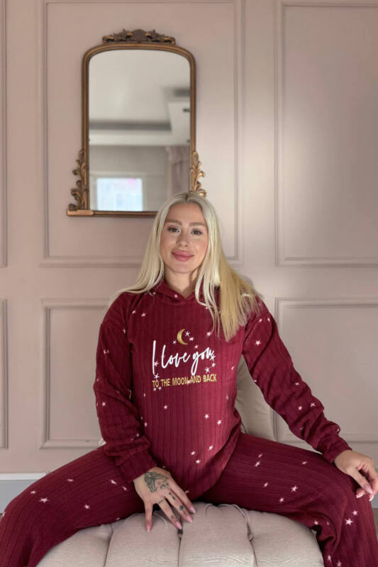 Bordo Love Moon Desenli Kapşonlu Peluş Polar Pijama Takımı - Pijamaevi (1)