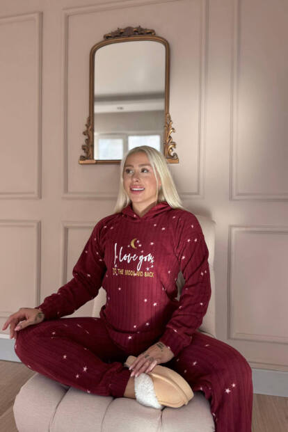 Bordo Love Moon Desenli Kapşonlu Peluş Polar Pijama Takımı - 3