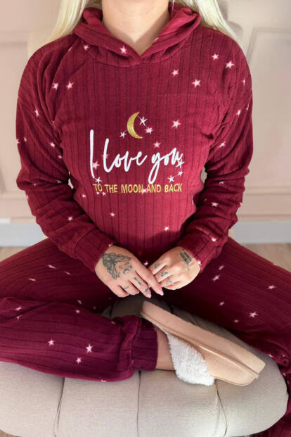 Bordo Love Moon Desenli Kapşonlu Peluş Polar Pijama Takımı - 4