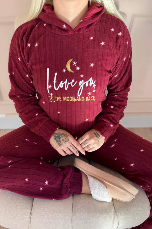 Bordo Love Moon Desenli Kapşonlu Peluş Polar Pijama Takımı - Pijamaevi (3)