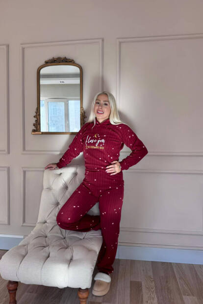 Bordo Love Moon Desenli Kapşonlu Peluş Polar Pijama Takımı - 5