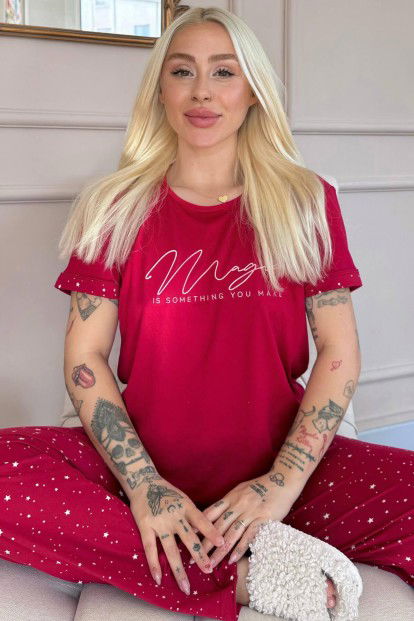 Bordo Magic Desenli Bambu Kısa Kol Kadın Pijama Takımı - 1