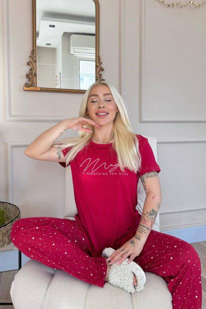 Bordo Magic Desenli Bambu Kısa Kol Kadın Pijama Takımı - 2