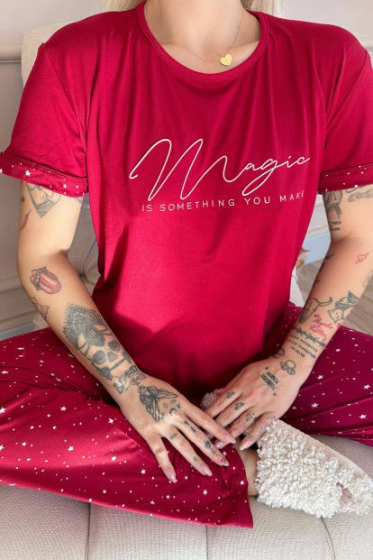 Bordo Magic Desenli Bambu Kısa Kol Kadın Pijama Takımı - 5