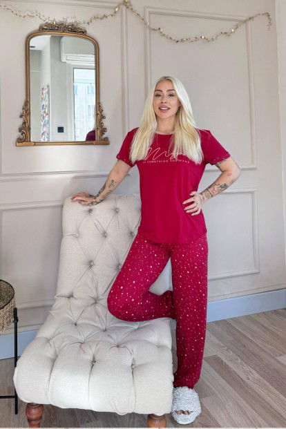 Bordo Magic Desenli Bambu Kısa Kol Kadın Pijama Takımı - 6